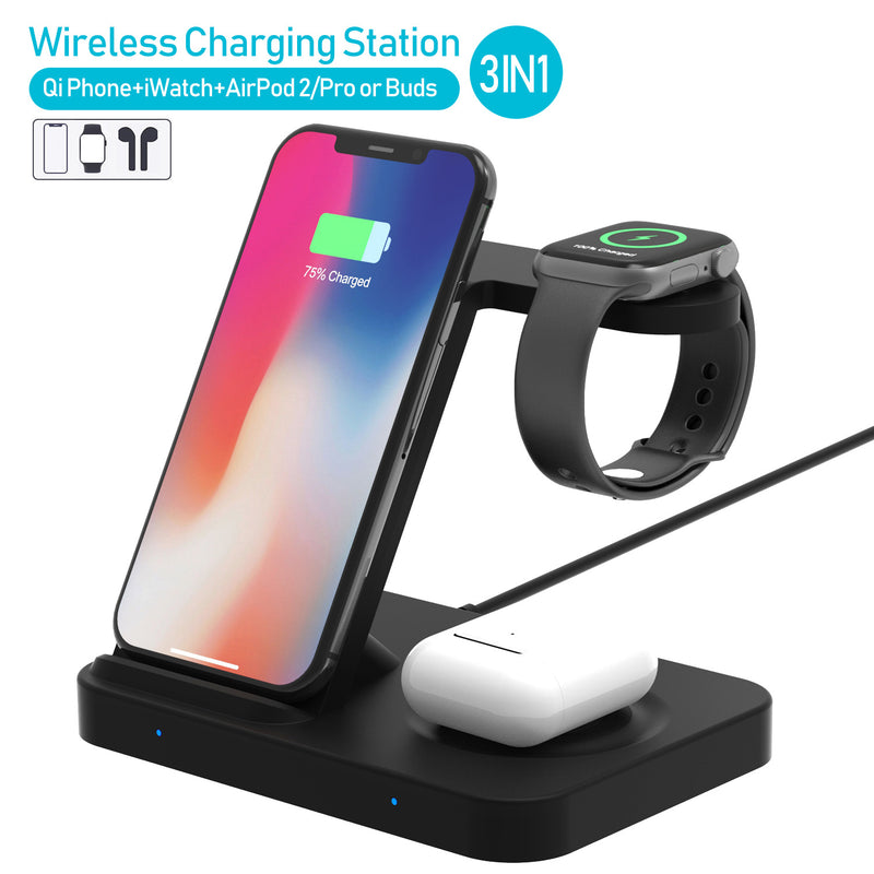 3-in-1 Wireless Charging Station Qi Phone + Watch + Airpods2/Pro or Buds F15- Black