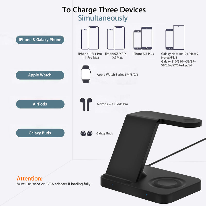 3-in-1 Wireless Charging Station Qi Phone + Watch + Airpods2/Pro or Buds F15- Black