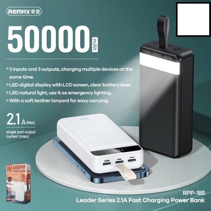 REMAX RPP-185 50000Mah LEADER SERIES, FAST CHARGING POWER BANK (OUTPUT-3USB/INPUT-MICRO,TYPE C,I PHONE) (2A MAX) (185WH) (LED DISPLAY)